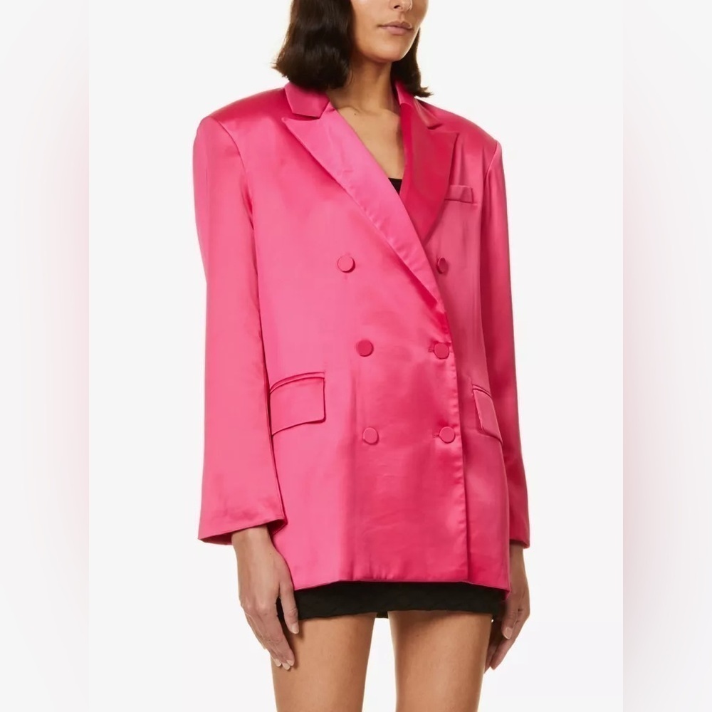 Amy Lynn Mira Double Breasted Crepe Satin Blazer in Hot Pink
